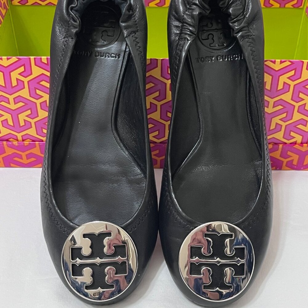 Tory Burch Black with Silver Medallion "Minnie" Flats 5M